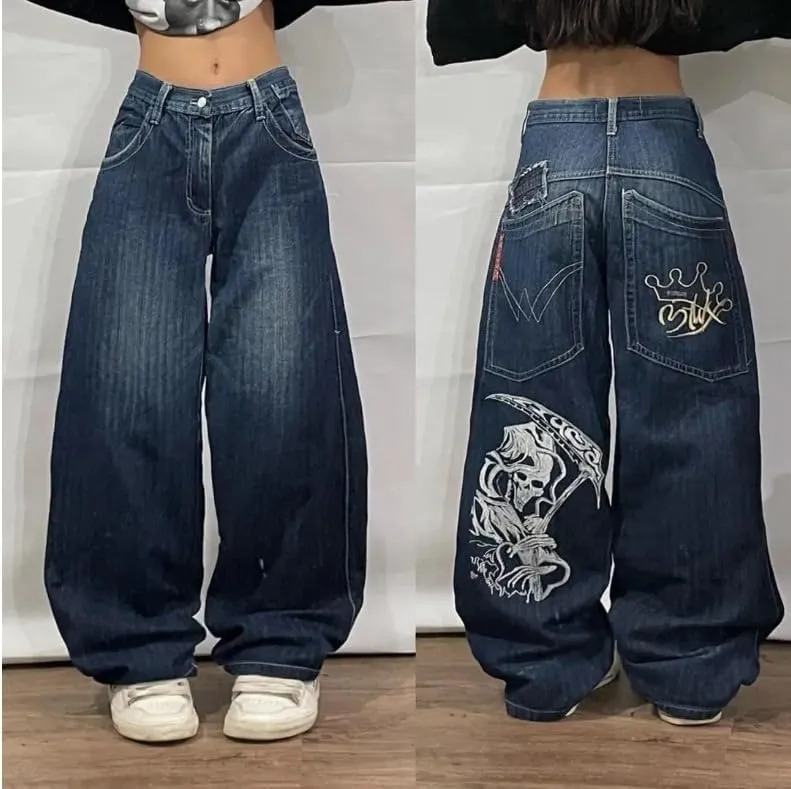 Baggy Y2k Jeans Women Men Hip Hop Goth Street Jeans with Skeleton Print Vintage High Waist Denim Wide Leg Pants Street Wear