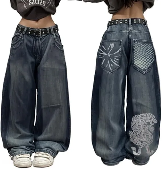 Baggy Y2k Jeans Women Men Hip Hop Goth Street Jeans with Skeleton Print Vintage High Waist Denim Wide Leg Pants Street Wear
