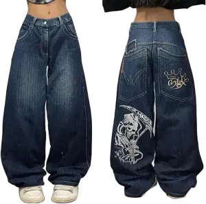 Baggy Y2k Jeans Women Men Hip Hop Goth Street Jeans with Skeleton Print Vintage High Waist Denim Wide Leg Pants Street Wear