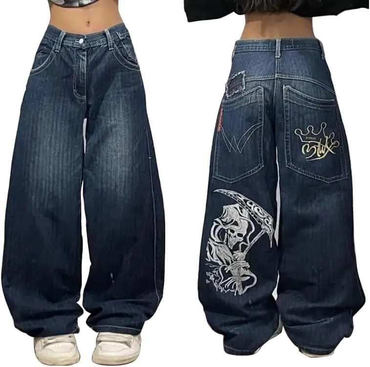 Baggy Y2k Jeans Women Men Hip Hop Goth Street Jeans with Skeleton Print Vintage High Waist Denim Wide Leg Pants Street Wear