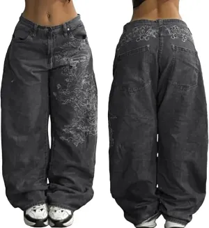 Baggy Y2k Jeans Women Men Hip Hop Goth Street Jeans with Skeleton Print Vintage High Waist Denim Wide Leg Pants Street Wear