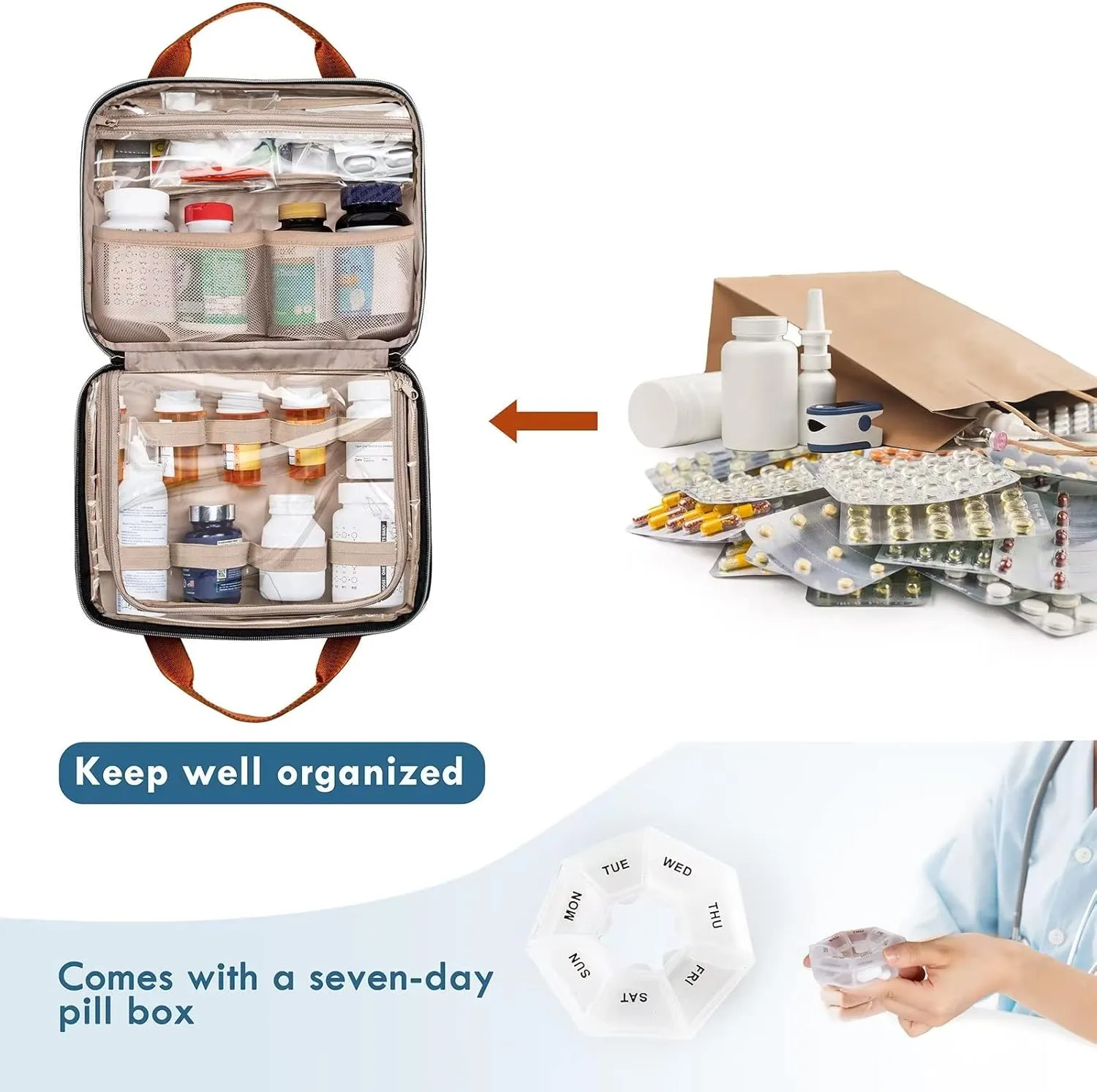 BAGSFY Medicine Bag for Traveling, Pill Bottle Organizer and Storage, Home Medication Bag, Vitamin Bottle Carrying Case Large Purple (Comes with Weekly Pill Organizer)