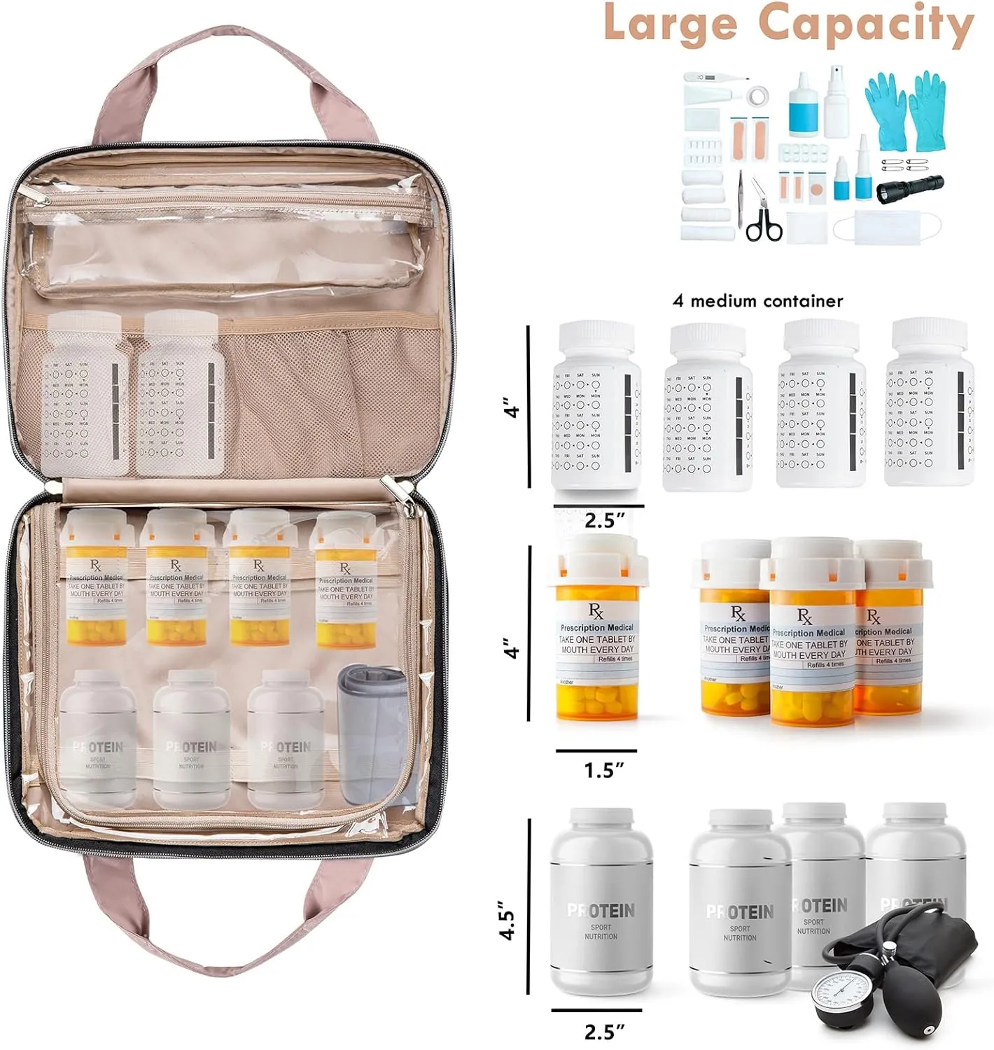 BAGSFY Medicine Bag for Traveling, Pill Bottle Organizer and Storage, Home Medication Bag, Vitamin Bottle Carrying Case Large Purple (Comes with Weekly Pill Organizer)