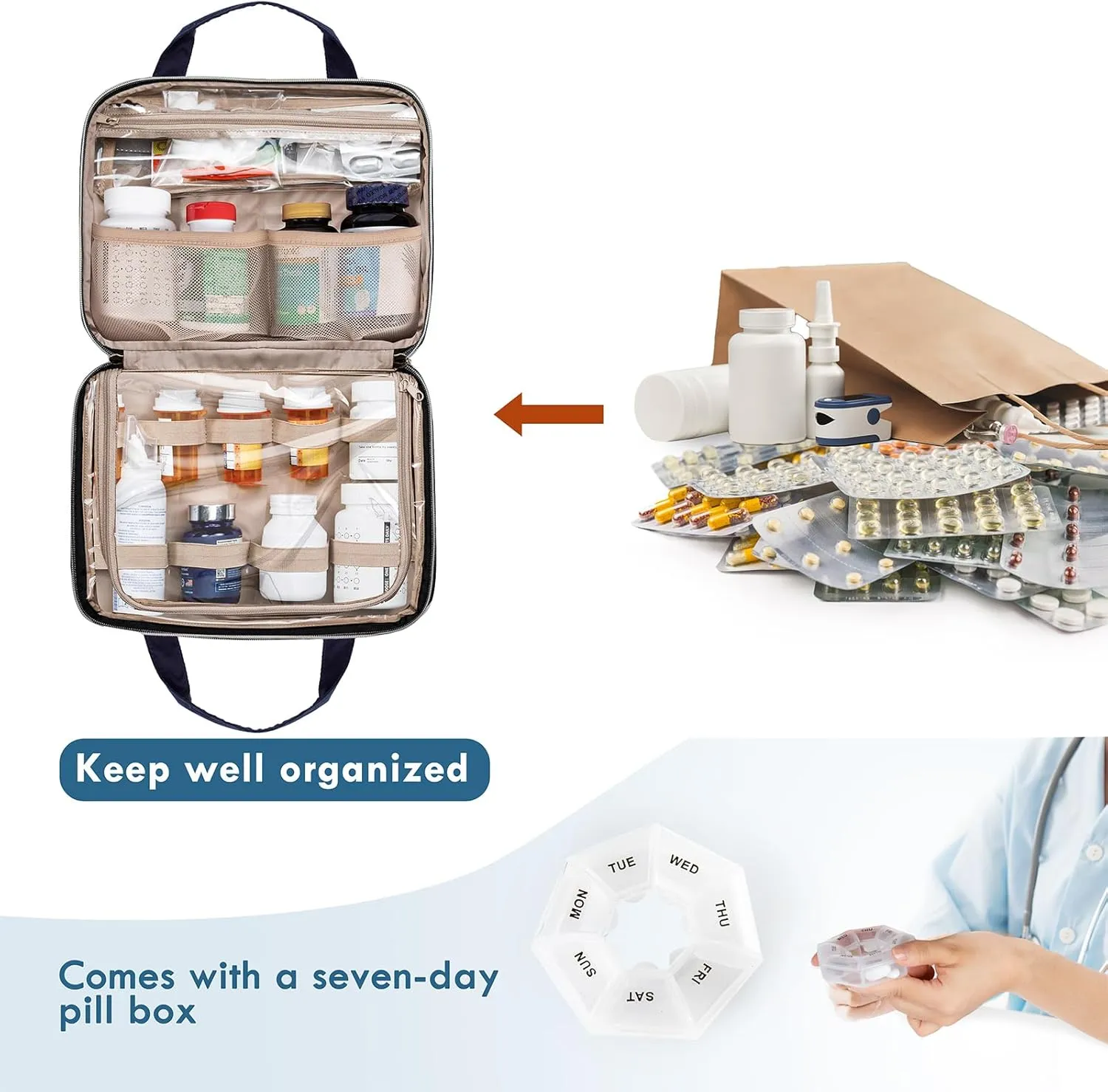 BAGSFY Medicine Bag for Traveling, Pill Bottle Organizer and Storage, Home Medication Bag, Vitamin Bottle Carrying Case Large Purple (Comes with Weekly Pill Organizer)