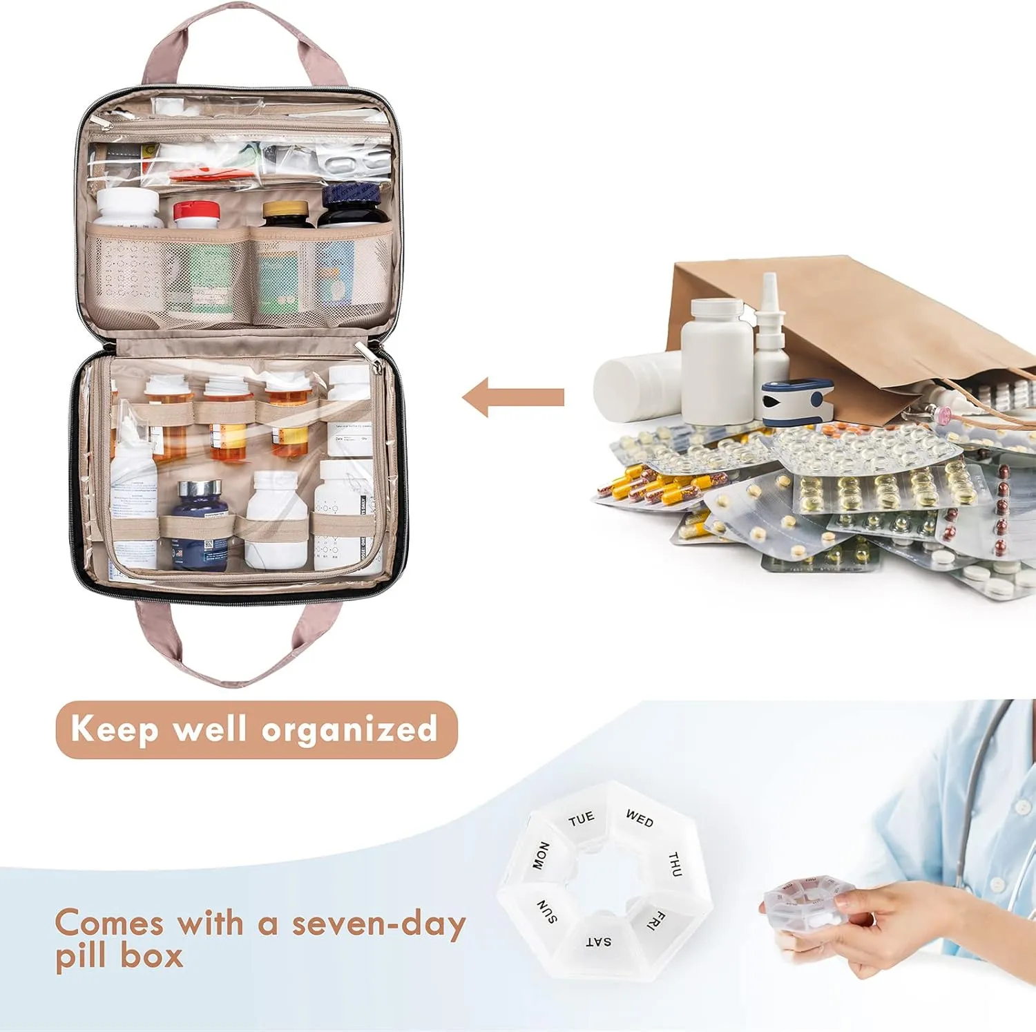 BAGSFY Medicine Bag for Traveling, Pill Bottle Organizer and Storage, Home Medication Bag, Vitamin Bottle Carrying Case Large Purple (Comes with Weekly Pill Organizer)