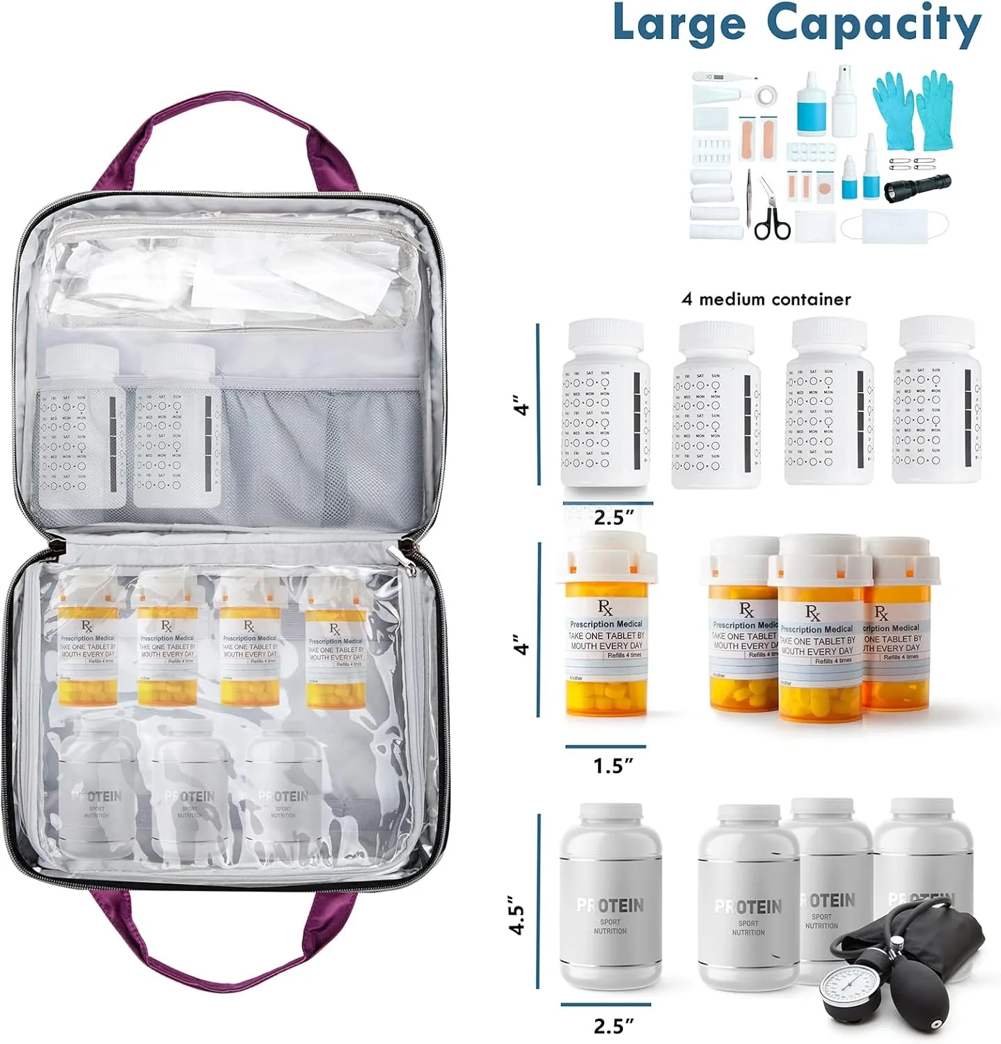 BAGSFY Medicine Bag for Traveling, Pill Bottle Organizer and Storage, Home Medication Bag, Vitamin Bottle Carrying Case Large Purple (Comes with Weekly Pill Organizer)