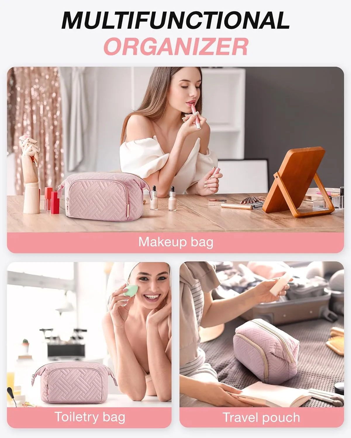 BAGSMART Travel Makeup Bag, Cosmetic Bag Make Up Organizer Case,Large Wide-open Pouch for Women Purse for Toiletries Accessories Brushes