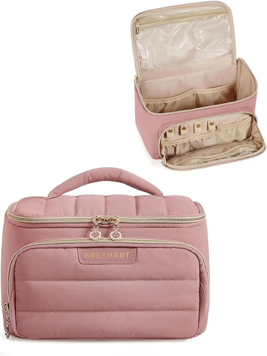 BAGSMART Travel Makeup Bag with Jewelry Organizer, Portable Make Up Bag, Puffy Wide-Opening Cosmetic Storage Pouch for Women’s Toiletries and Travel Essentials (Dark Pink)