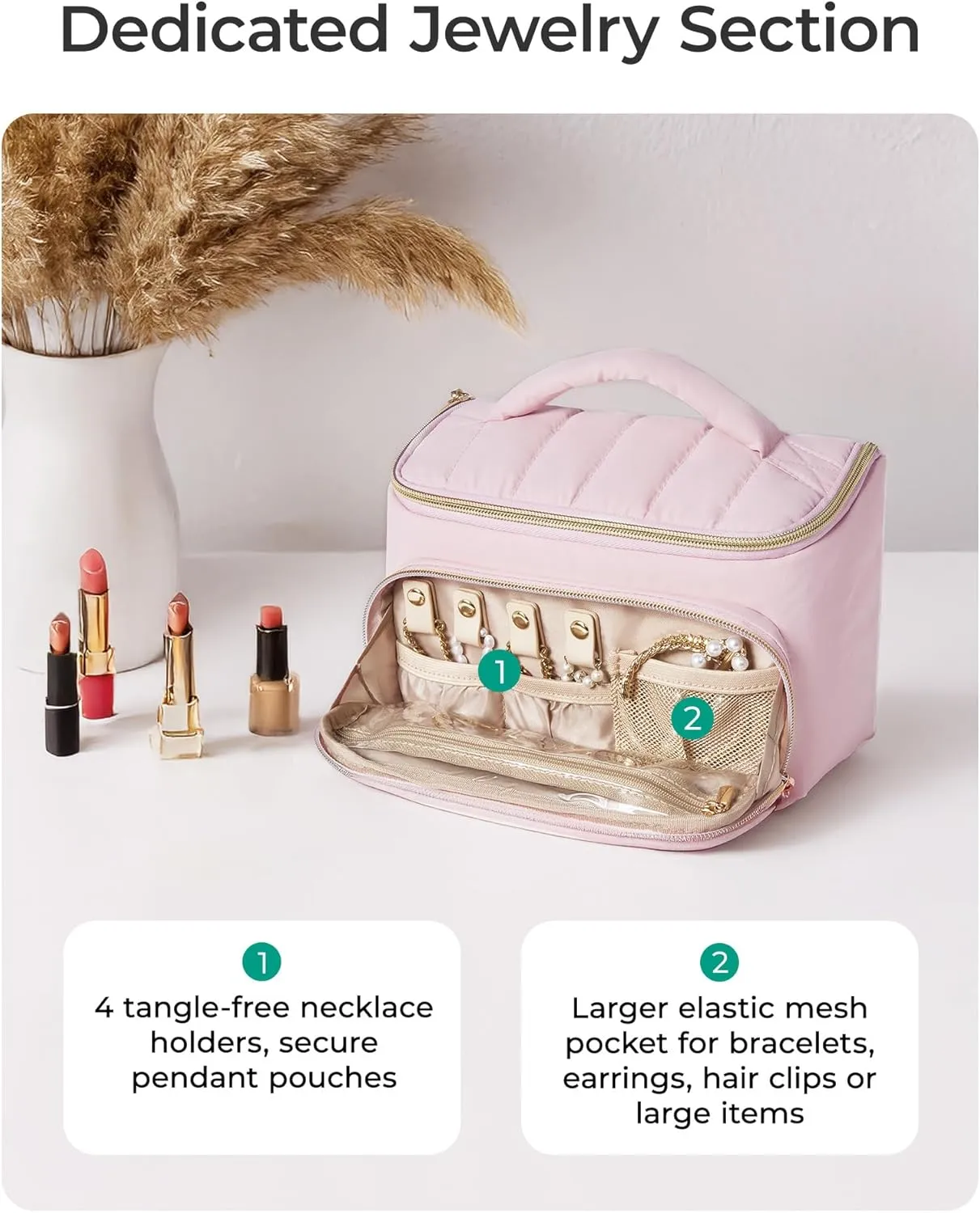 BAGSMART Travel Makeup Bag with Jewelry Organizer, Portable Make Up Bag, Puffy Wide-Opening Cosmetic Storage Pouch for Women’s Toiletries and Travel Essentials (Dark Pink)