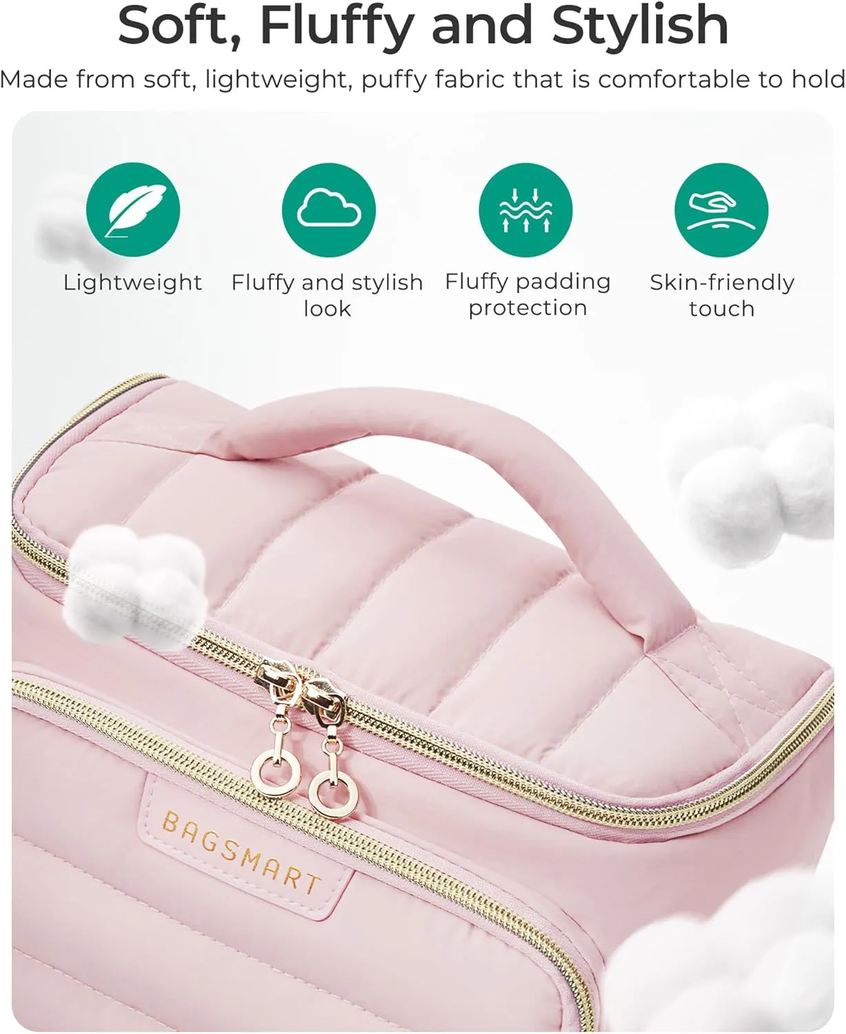 BAGSMART Travel Makeup Bag with Jewelry Organizer, Portable Make Up Bag, Puffy Wide-Opening Cosmetic Storage Pouch for Women’s Toiletries and Travel Essentials (Dark Pink)