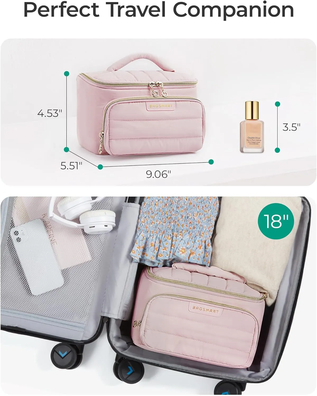 BAGSMART Travel Makeup Bag with Jewelry Organizer, Portable Make Up Bag, Puffy Wide-Opening Cosmetic Storage Pouch for Women’s Toiletries and Travel Essentials (Dark Pink)
