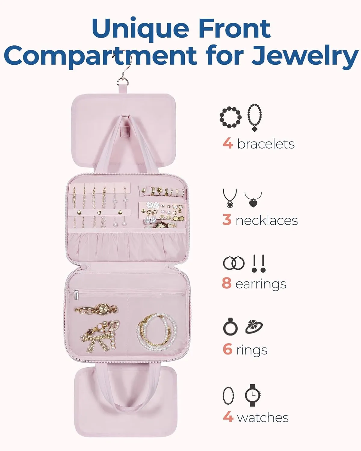 BAGSMART Travel Toiletry Bag with Jewelry Organizer, Hanging Travel Bag for Toiletries, Puffy Makeup Cosmetic Bag Organizer, Carry-on Travel Accessories Essentials, Pink-L