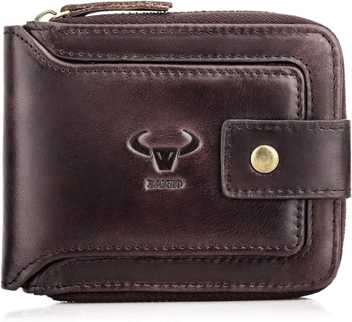BAIGIO Genuine Leather Wallets for Men Multi Card Purse with Zipper Wallet Men RFID Blocking Coin Pocket (Dark Coffee)