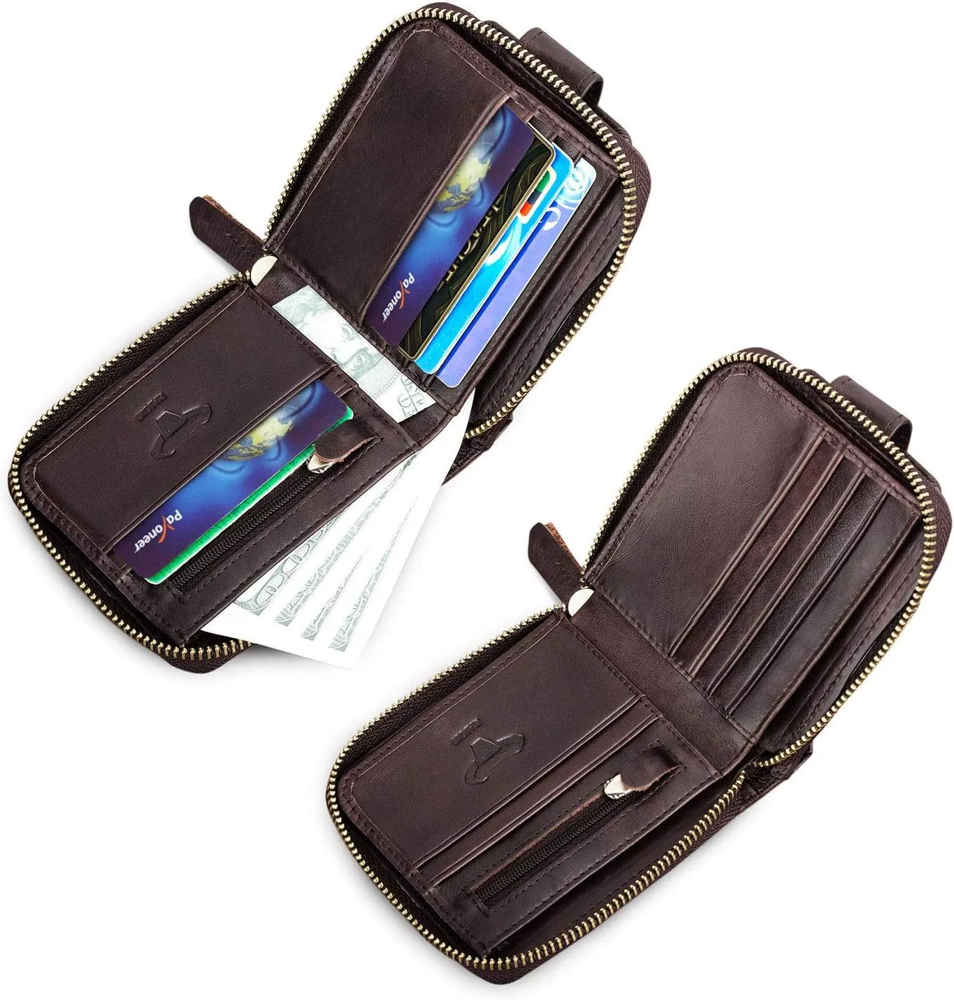 BAIGIO Genuine Leather Wallets for Men Multi Card Purse with Zipper Wallet Men RFID Blocking Coin Pocket (Dark Coffee)