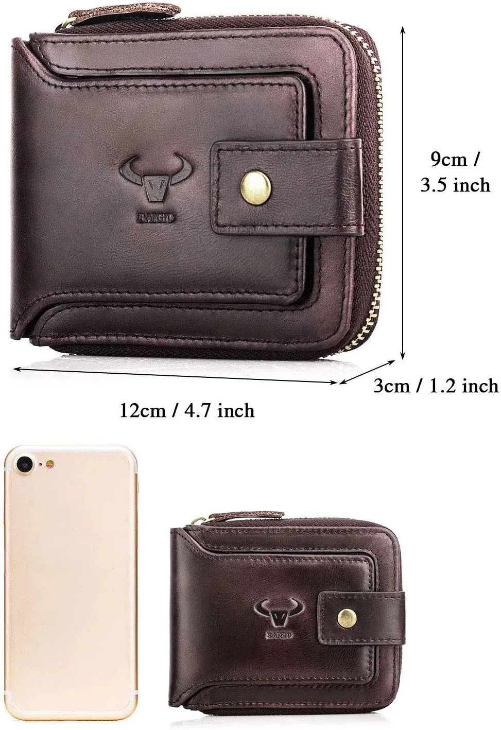 BAIGIO Genuine Leather Wallets for Men Multi Card Purse with Zipper Wallet Men RFID Blocking Coin Pocket (Dark Coffee)