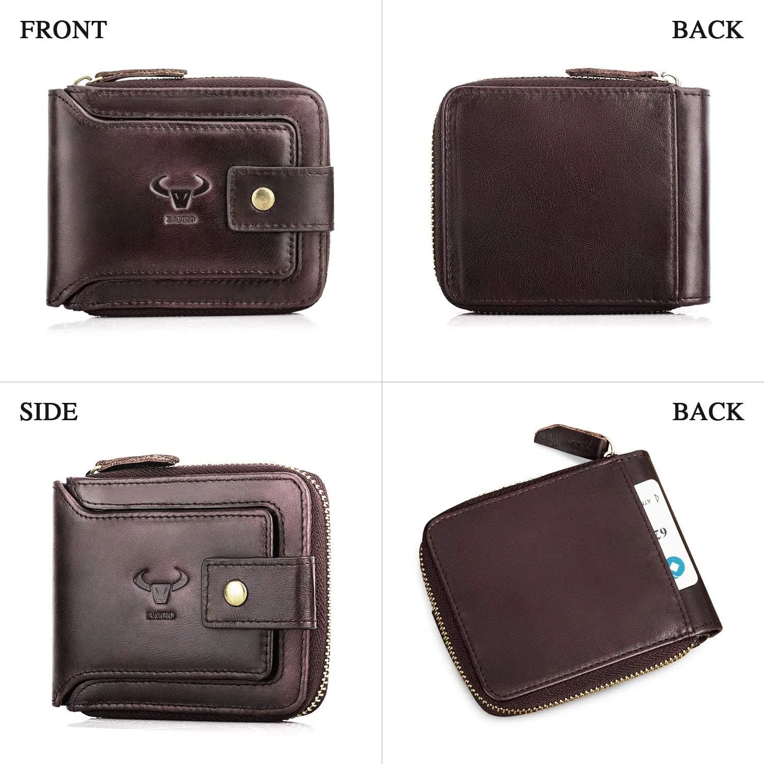 BAIGIO Genuine Leather Wallets for Men Multi Card Purse with Zipper Wallet Men RFID Blocking Coin Pocket (Dark Coffee)