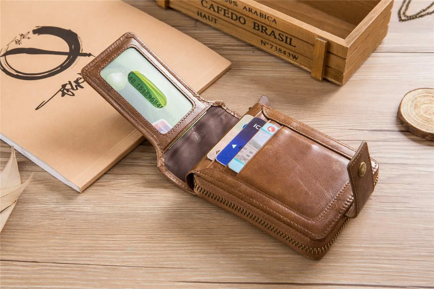 BAIGIO Genuine Leather Wallets for Men Multi Card Purse with Zipper Wallet Men RFID Blocking Coin Pocket(Yellow)