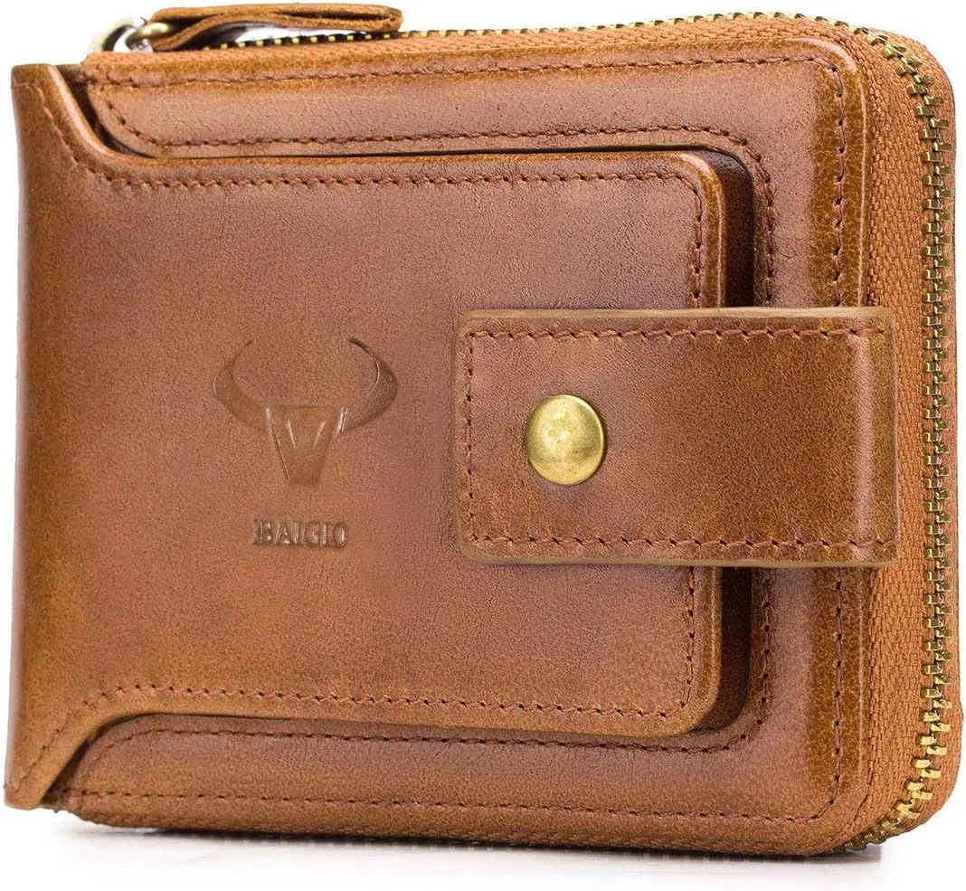 BAIGIO Genuine Leather Wallets for Men Multi Card Purse with Zipper Wallet Men RFID Blocking Coin Pocket(Yellow)