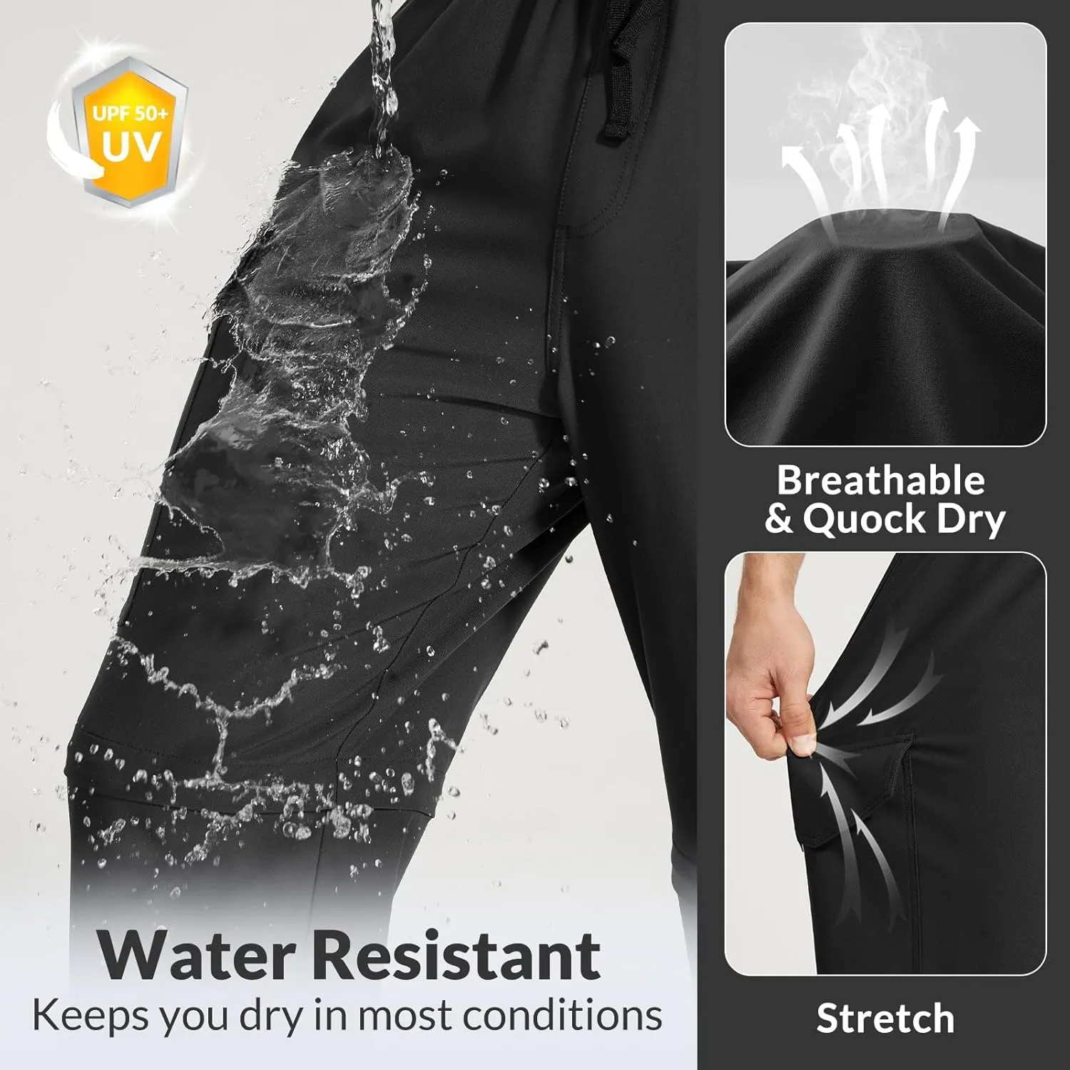 baleaf Men's Hiking Convertible Pants Water Resistant Lightweight Quick Dry Cargo Elastic Waist Outdoor with Zip Pockets