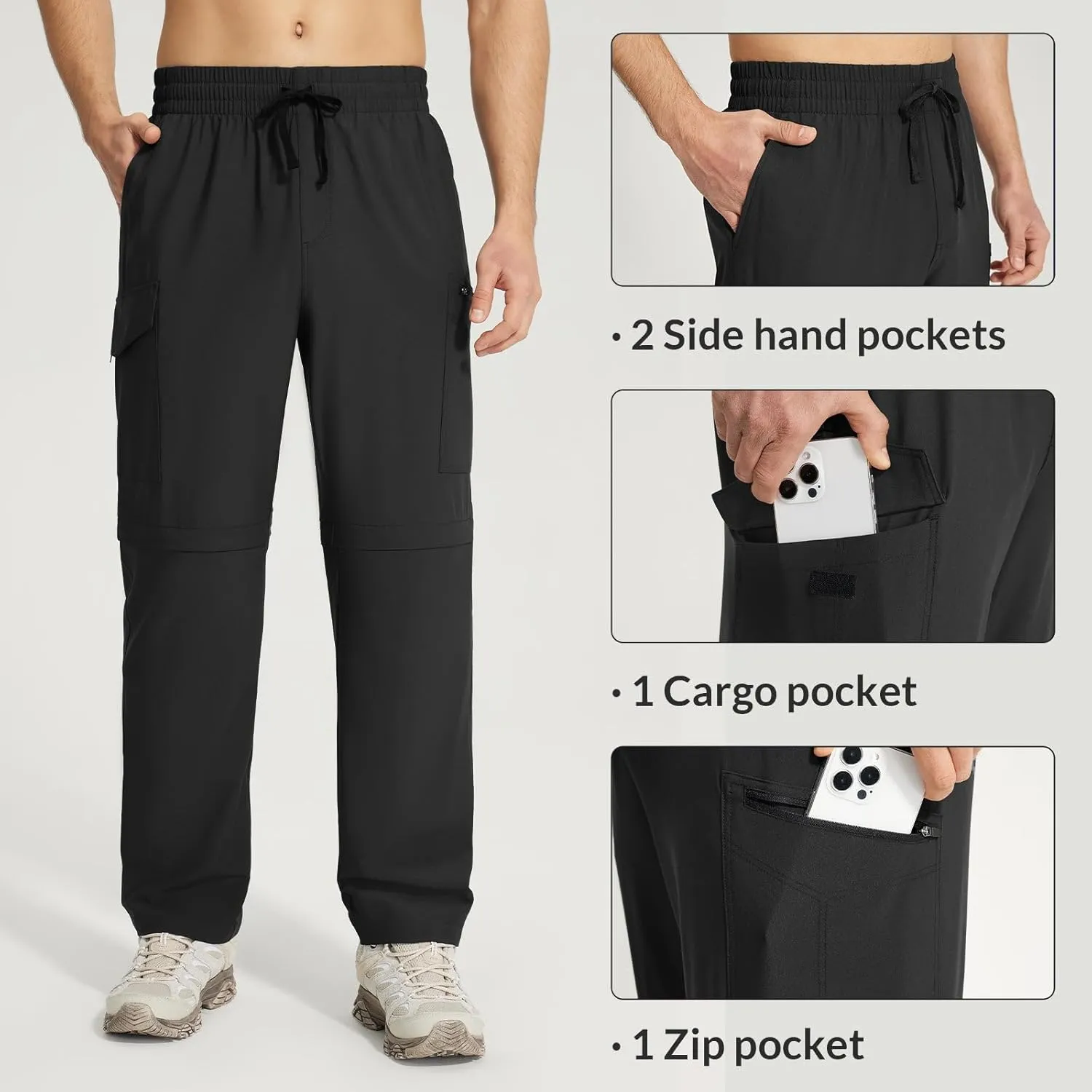 baleaf Men's Hiking Convertible Pants Water Resistant Lightweight Quick Dry Cargo Elastic Waist Outdoor with Zip Pockets