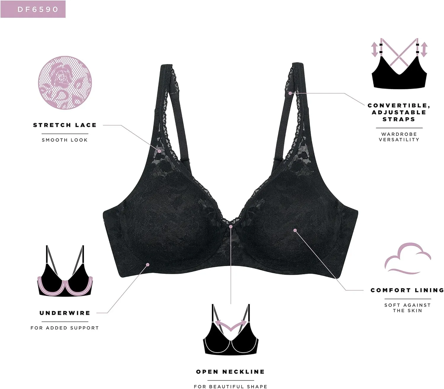 Bali Women's Lace Underwire Bra, Passion For Comfort Convertible Bra, Soft Lace Bras
