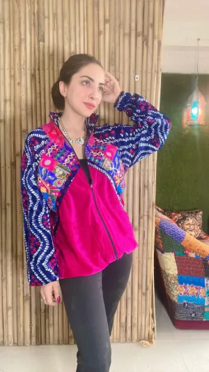 Banjara velvet hoodie blue& pink