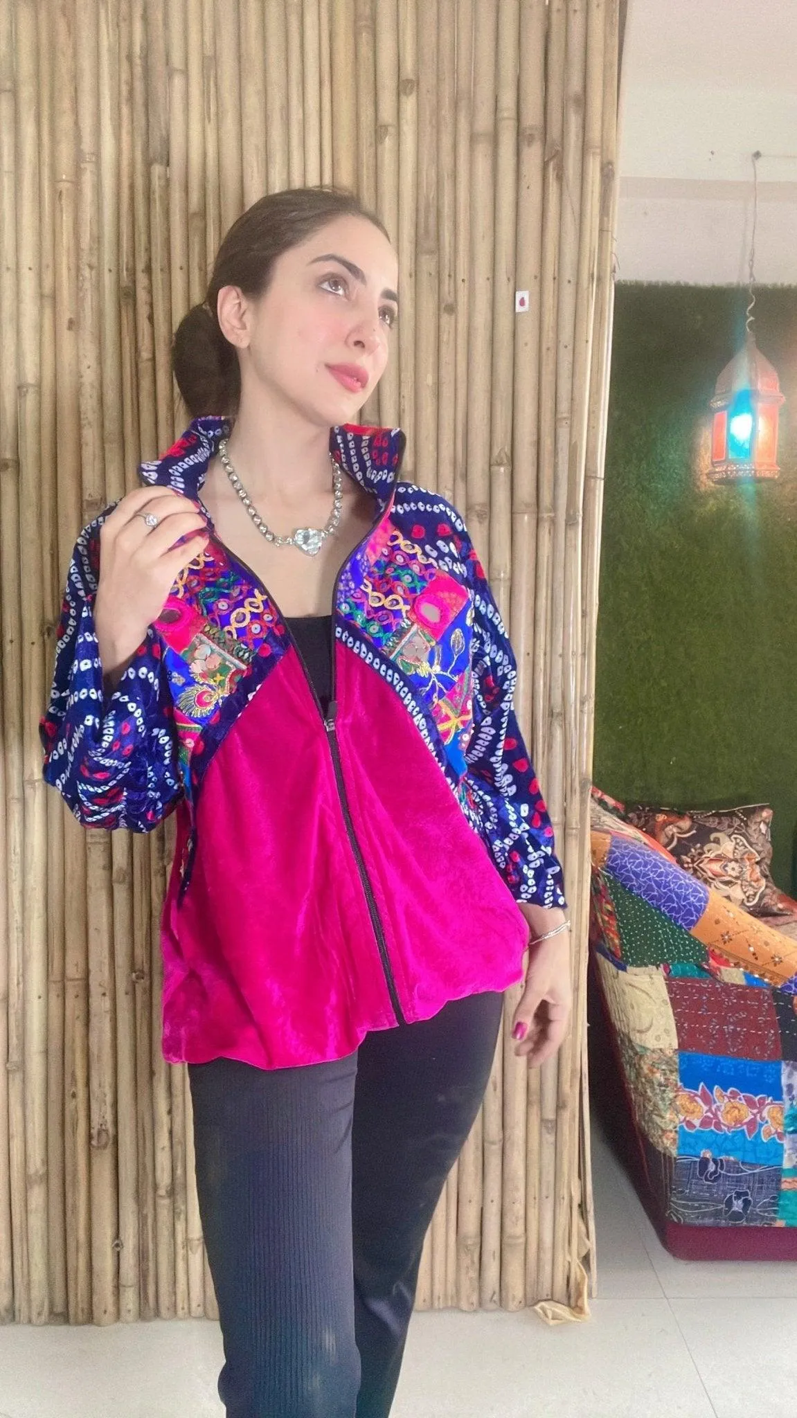 Banjara velvet hoodie blue& pink