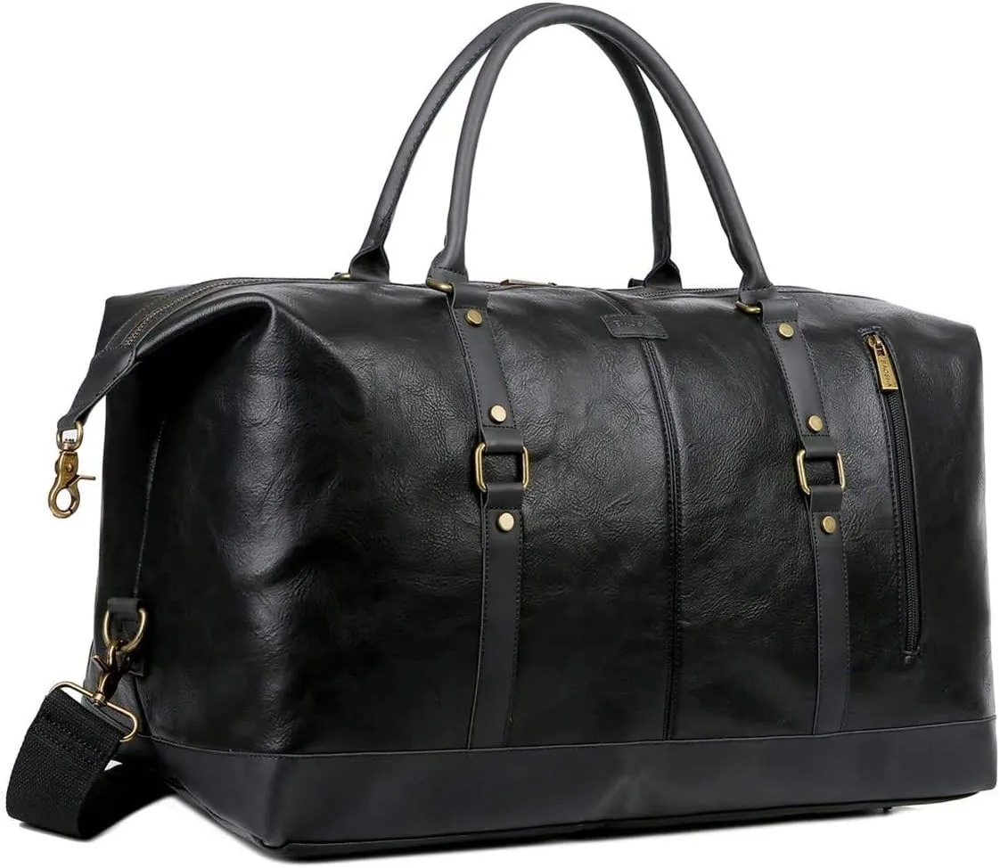 BAOSHA Vegan Leather Travel Duffel Tote Bag Overnight Weekender Bag Oversized for Men and Women HB-14 (Black)