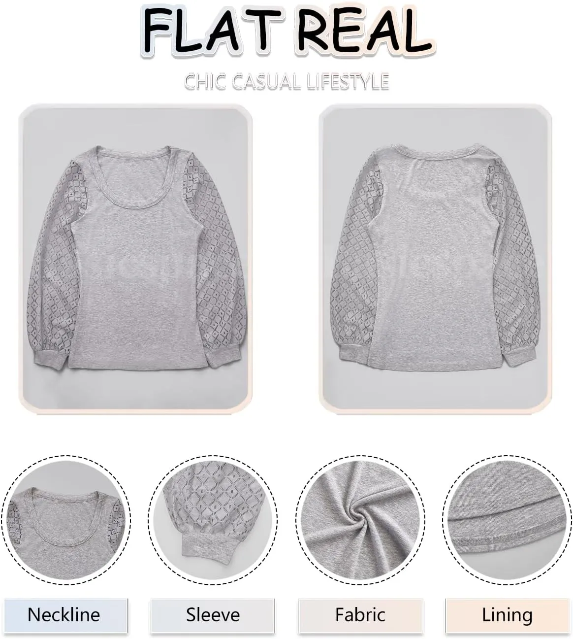 Basicspace Womens Fashion Lace Balloon Tops Knit Ribbed Stretch Slim Fitted Shirts Round Neck Blouse for Women
