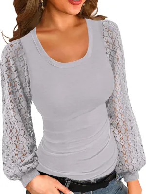 Basicspace Womens Fashion Lace Balloon Tops Knit Ribbed Stretch Slim Fitted Shirts Round Neck Blouse for Women