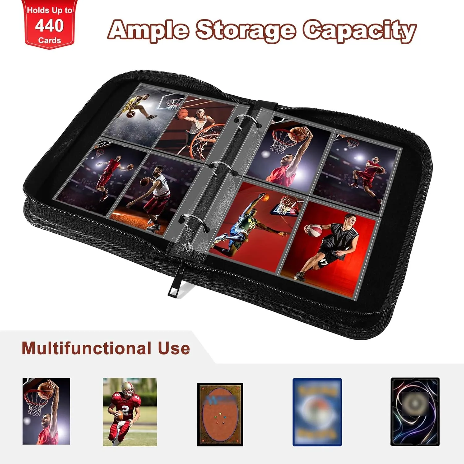 Basketball Card Binder 440 Pocket, Sports Card Binder with Card Display Design, Premium Card Ablums with Sports Pattern Wristband Fit for Basketball Cards 2024-2025