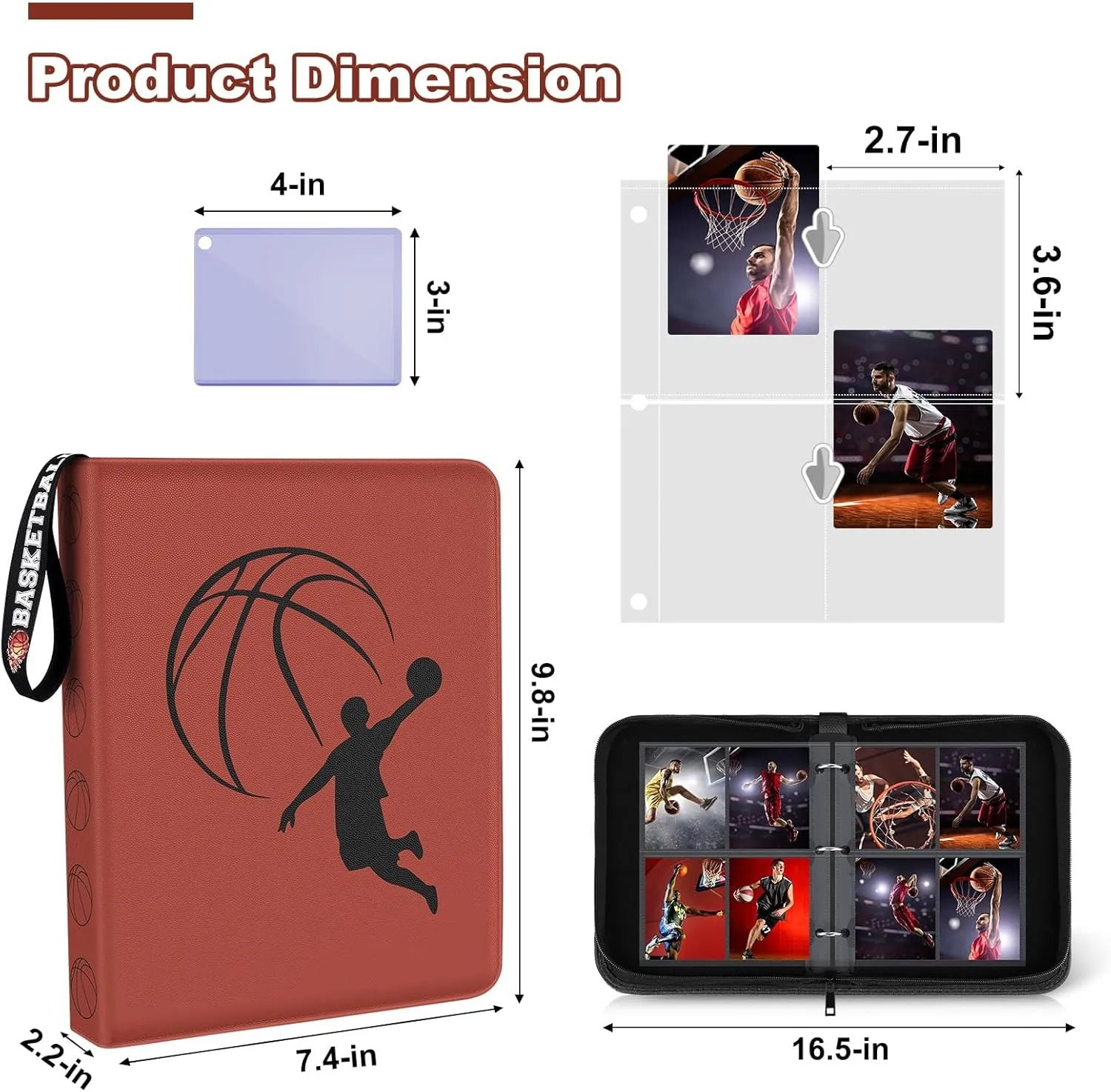 Basketball Card Binder 440 Pocket, Sports Card Binder with Card Display Design, Premium Card Ablums with Sports Pattern Wristband Fit for Basketball Cards 2024-2025