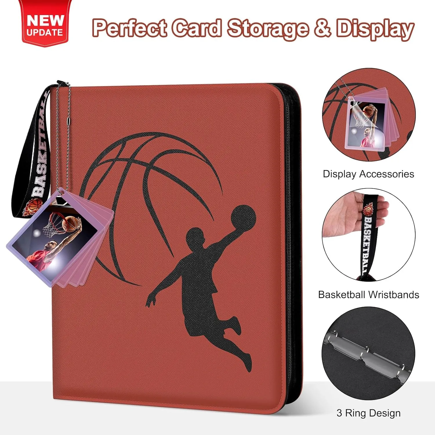 Basketball Card Binder 440 Pocket, Sports Card Binder with Card Display Design, Premium Card Ablums with Sports Pattern Wristband Fit for Basketball Cards 2024-2025