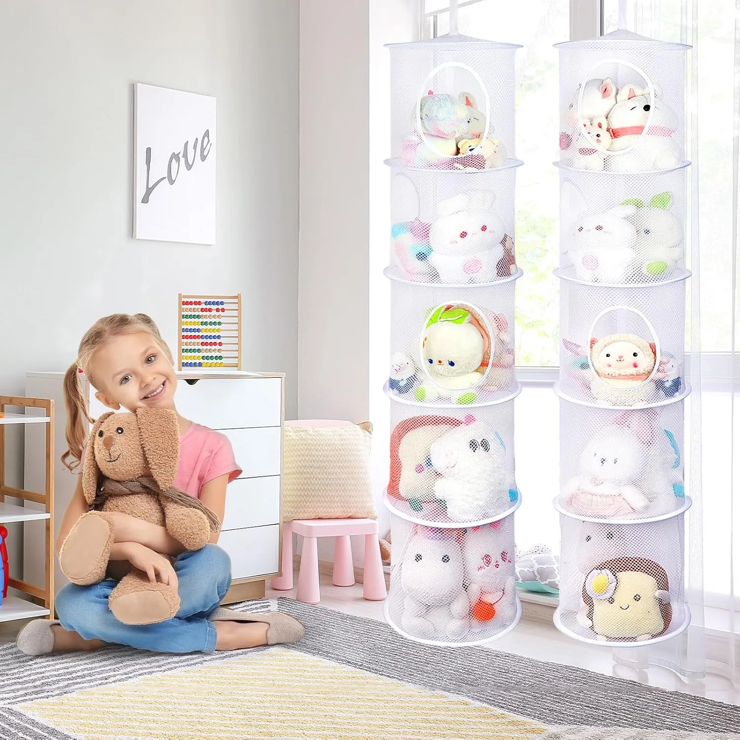 Basumee Stuffed Animals Net or Hammock 2 Pcs Stuffed Animals Storage Toy Net Hammock for Plushies Storage Organizer Mesh Kids Girls Room Decor, White, 5 Tiers