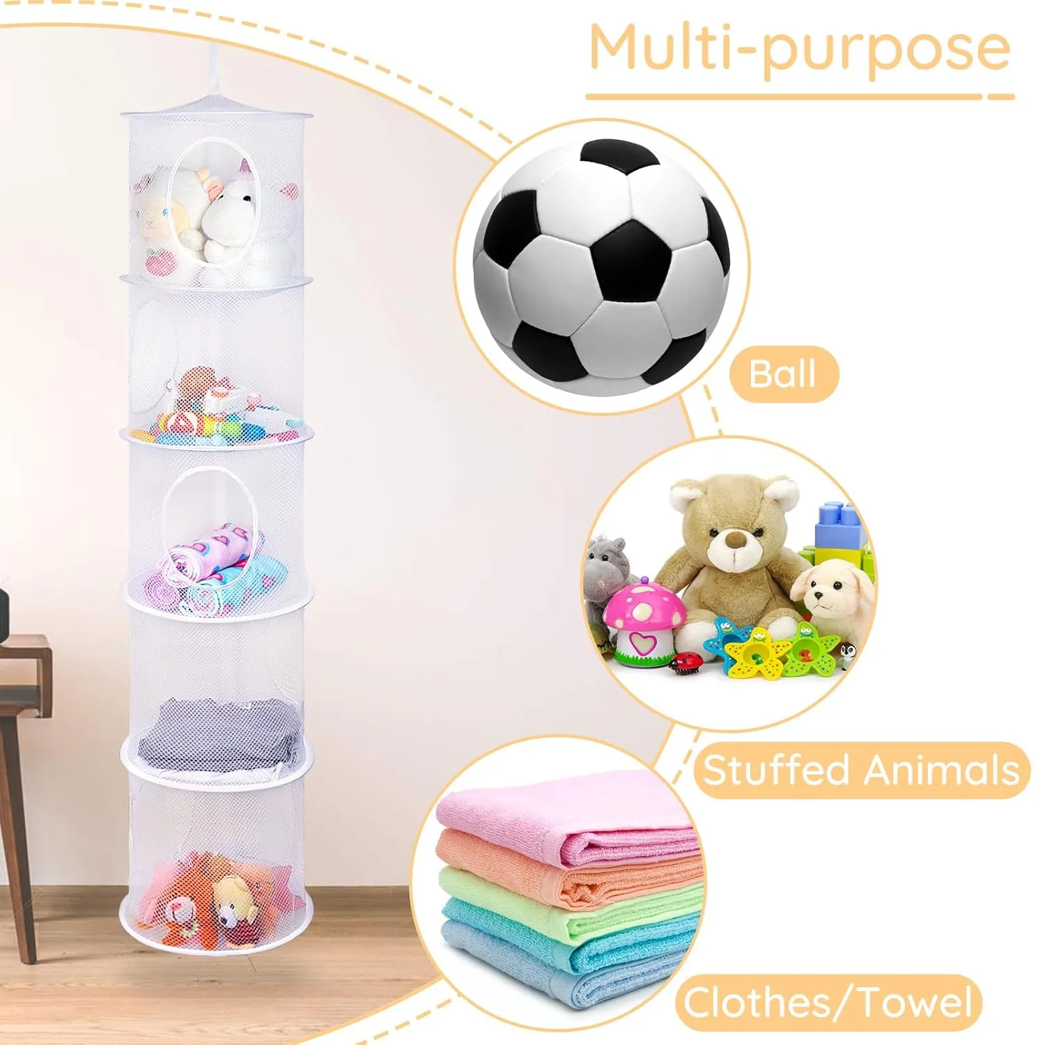 Basumee Stuffed Animals Net or Hammock 2 Pcs Stuffed Animals Storage Toy Net Hammock for Plushies Storage Organizer Mesh Kids Girls Room Decor, White, 5 Tiers