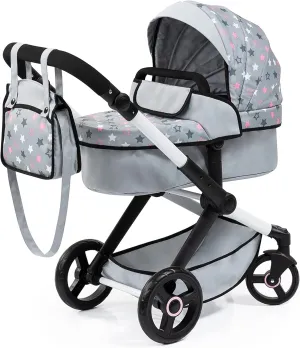 Bayer Design Dolls: Pram Xeo - Grey, Pink, Stars - Includes Shoulder Bag, Fits Dolls Up to 18', Convertible to A Pushchair, Adjustable Handle & Swivel Front Wheels, Accessory for -Plush Toys, Ages 3 