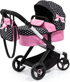 Bayer Design Dolls: Pram Xeo: Hearts Black & Pink - Matching Handbag, Adjustable Handle, for Dolls Up to 20", Ages 3 