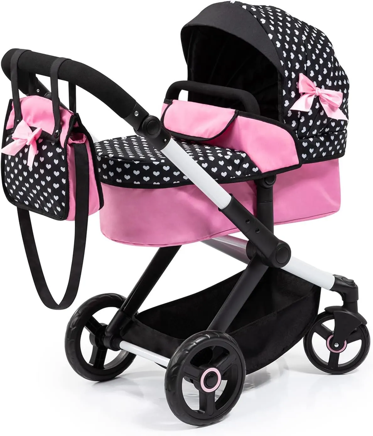 Bayer Design Dolls: Pram Xeo: Hearts Black & Pink - Matching Handbag, Adjustable Handle, for Dolls Up to 20", Ages 3 