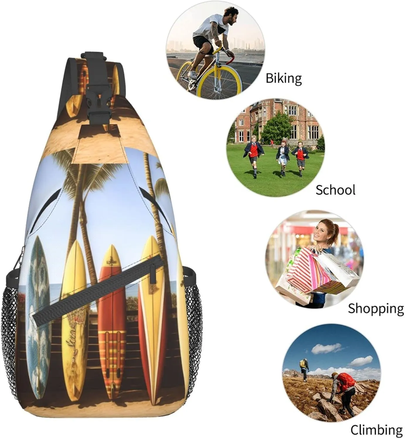 Beach Surfboard Outdoor Cross-body Shoulder Bag, Unisex Backpack For Women Men Young Hiking Travel