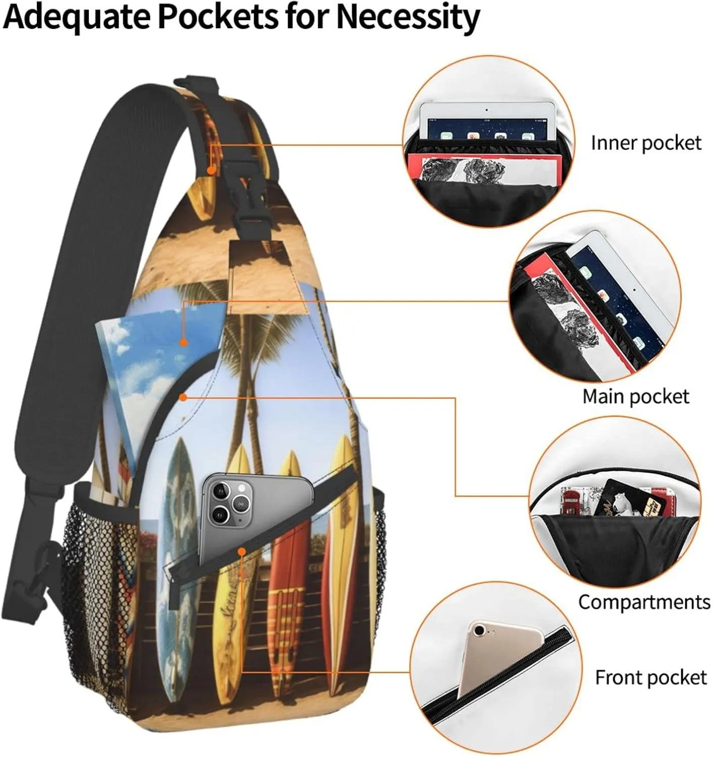 Beach Surfboard Outdoor Cross-body Shoulder Bag, Unisex Backpack For Women Men Young Hiking Travel