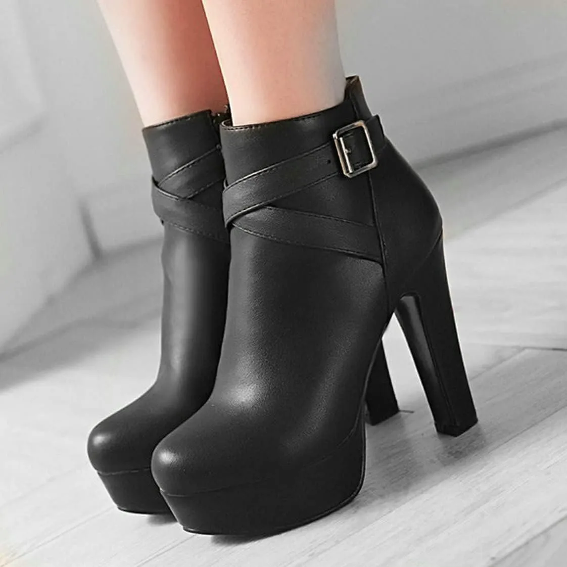 BEAUPAS Women's High Heel Platform Ankle Boots Block Chunky Heel Round Toe Ankle Booties Buckle Zip Up Shoes
