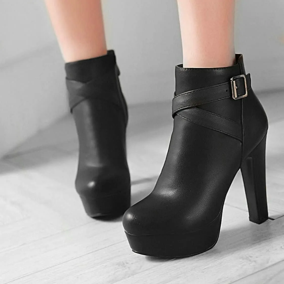 BEAUPAS Women's High Heel Platform Ankle Boots Block Chunky Heel Round Toe Ankle Booties Buckle Zip Up Shoes
