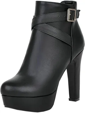 BEAUPAS Women's High Heel Platform Ankle Boots Block Chunky Heel Round Toe Ankle Booties Buckle Zip Up Shoes