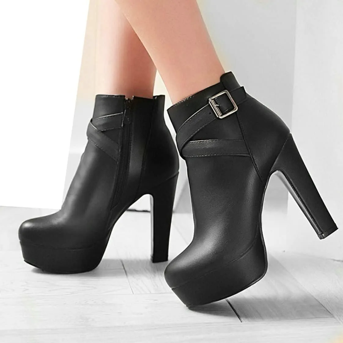 BEAUPAS Women's High Heel Platform Ankle Boots Block Chunky Heel Round Toe Ankle Booties Buckle Zip Up Shoes
