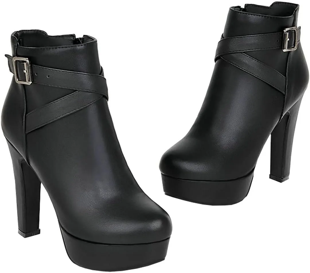 BEAUPAS Women's High Heel Platform Ankle Boots Block Chunky Heel Round Toe Ankle Booties Buckle Zip Up Shoes