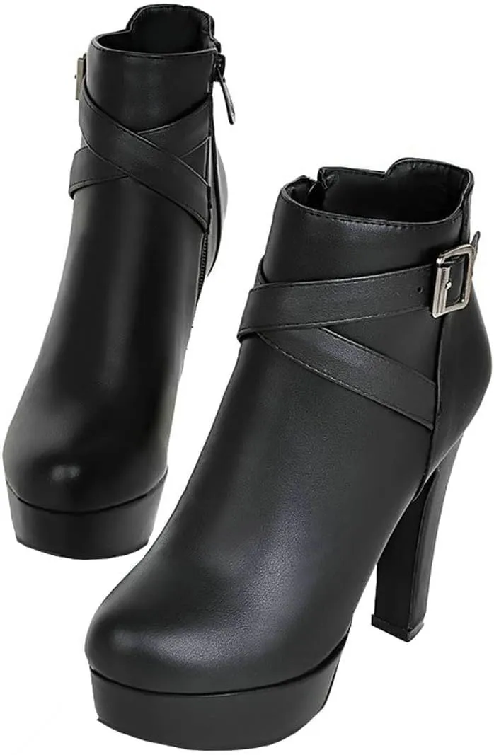 BEAUPAS Women's High Heel Platform Ankle Boots Block Chunky Heel Round Toe Ankle Booties Buckle Zip Up Shoes