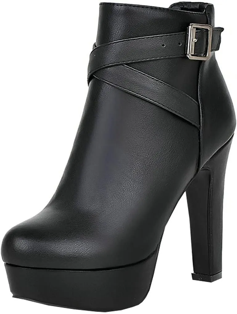 BEAUPAS Women's High Heel Platform Ankle Boots Block Chunky Heel Round Toe Ankle Booties Buckle Zip Up Shoes