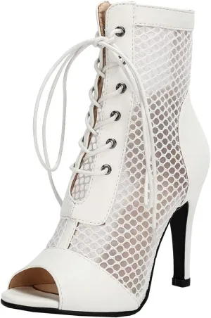 BEAUPAS Women's Mesh Peep Toe Booties Stiletto High Heel Ankle Boots Lace Up Fishnet Gladiator Sandals