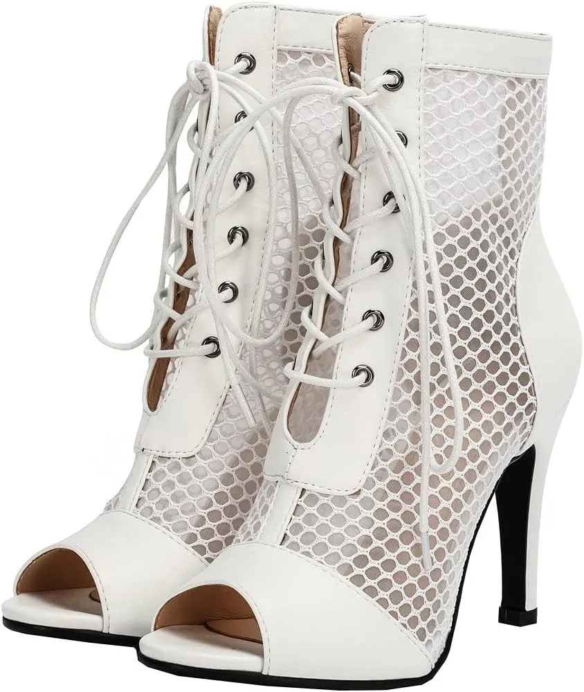 BEAUPAS Women's Mesh Peep Toe Booties Stiletto High Heel Ankle Boots Lace Up Fishnet Gladiator Sandals
