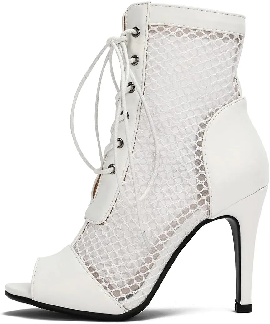 BEAUPAS Women's Mesh Peep Toe Booties Stiletto High Heel Ankle Boots Lace Up Fishnet Gladiator Sandals